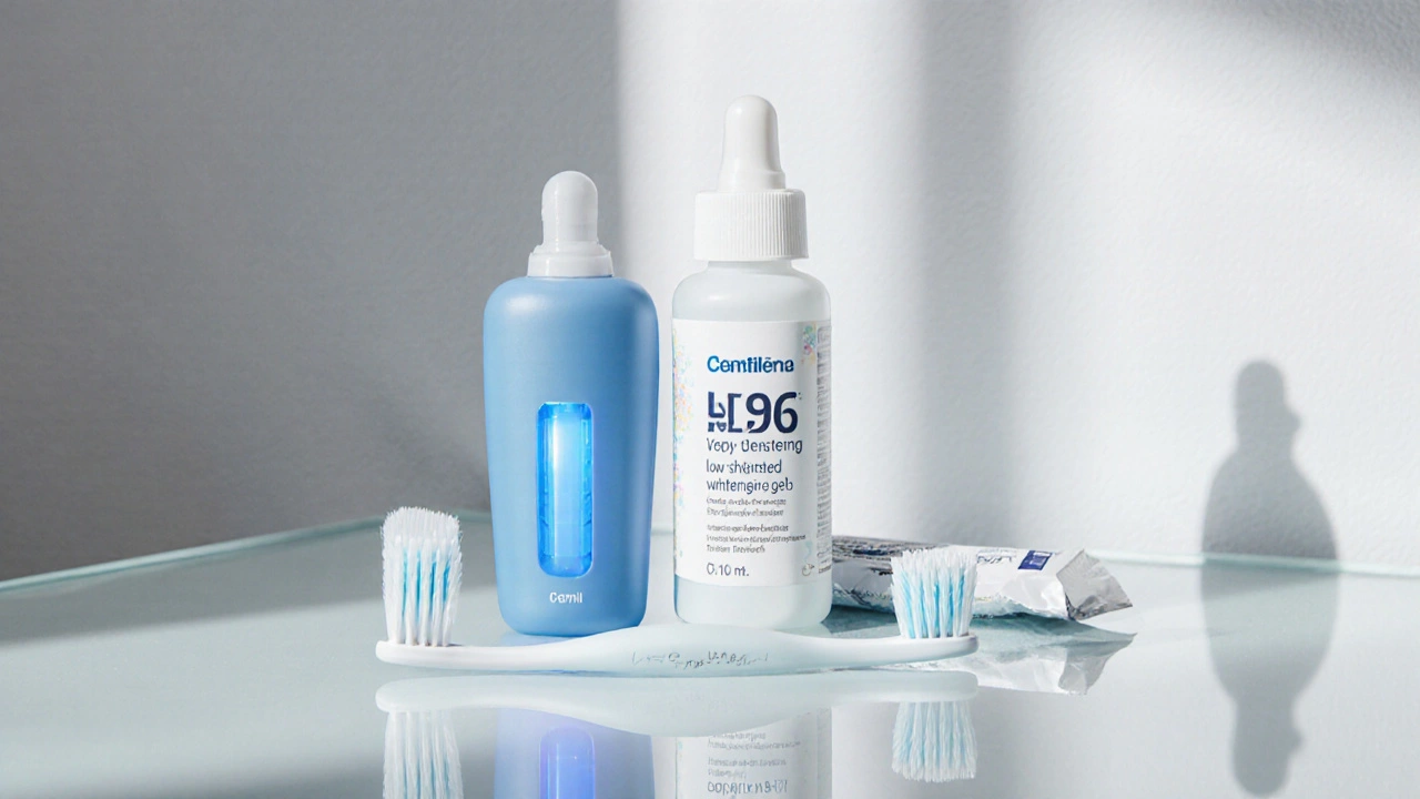 Whitening kit with gel, LED device, soft toothbrush, and sensitive toothpaste on counter.