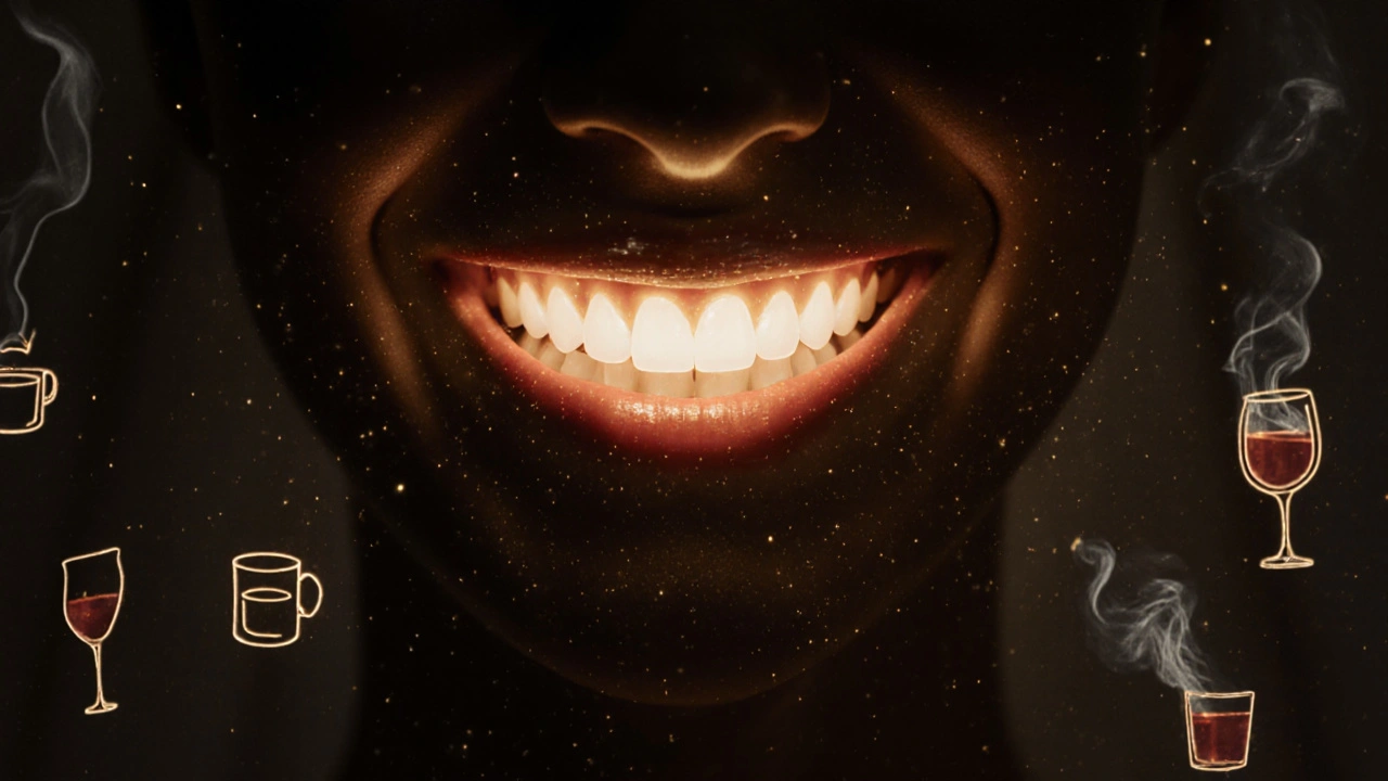 Zářící úsměv nevěsty s jemnými stínůmi kávy, vína a kouře, které se rozptylují ve světle.