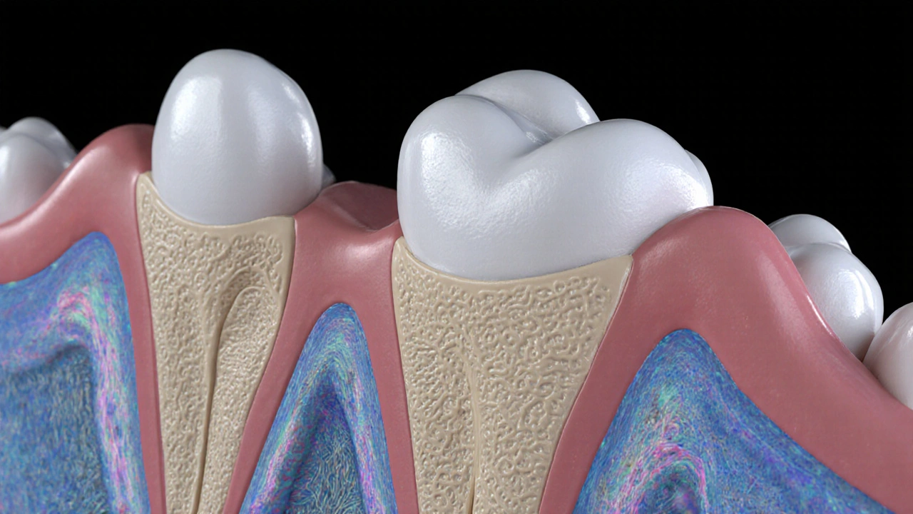 Zdravý kořen zubu s periodontálními vazivy a čelistní kostí