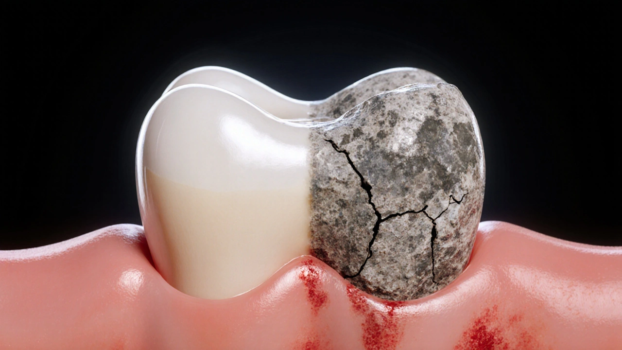 Zub přechází ze zdravého povrchu na tvrdý zubní kámen s zánětem dásně