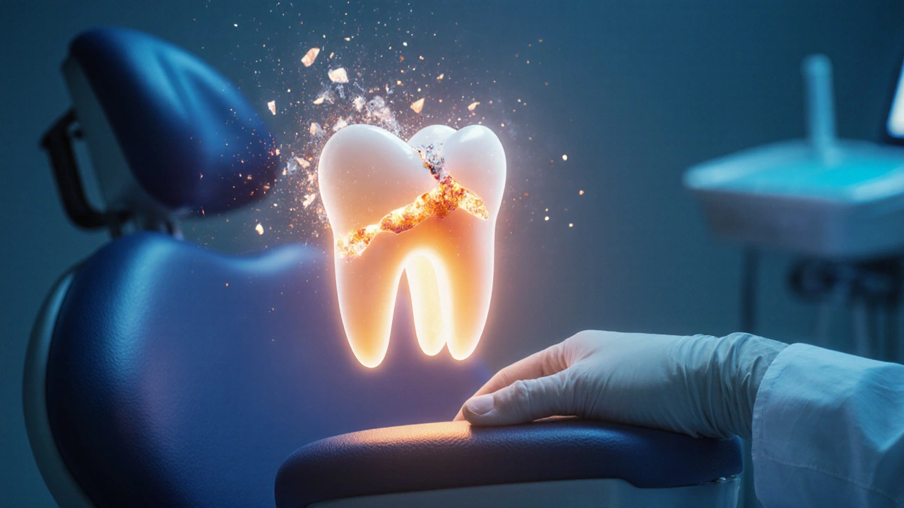 Zub se rozpadá na kousky nad zubní židli, symbolizující následky nelečené pulpity.