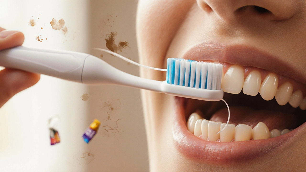 Zubní kartáček a nit čistí zuby pod správným úhlem