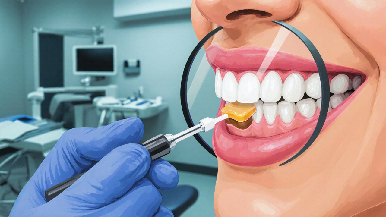 Zubní lékař aplikuje kompozitní materiál na zub s přesností.