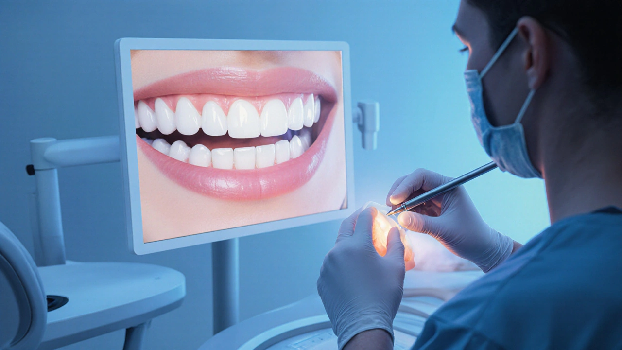 Zubní lékař připevňuje keramický veneer na zub v moderní ordinaci.