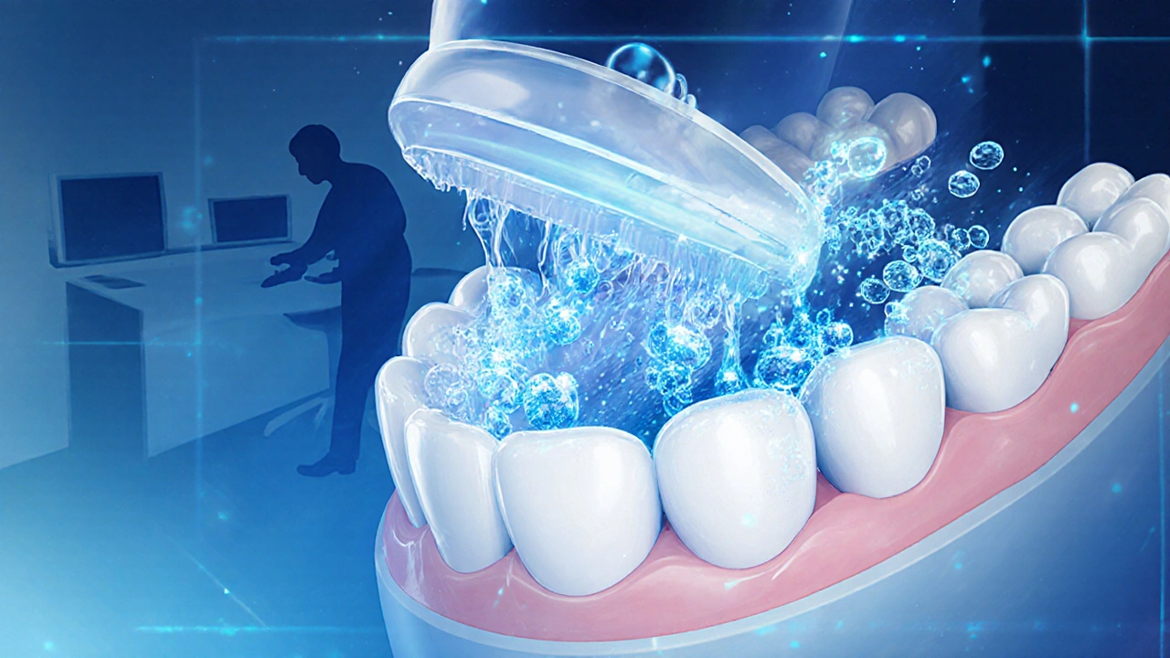 Zvětšený pohled na ultrazvukové bublinky, které odstraňují zubní kámen bez poškození skloviny.