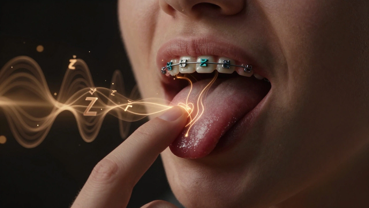 Abstraktní ilustrace jazyka pohybujícího se kolem rovnátek s vyznačenými zvuky š, ž, ř.