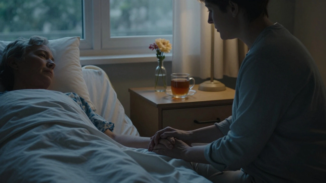 Člen rodiny drží ruku umírajícího v hospicové místnosti při tichém večerním světle.