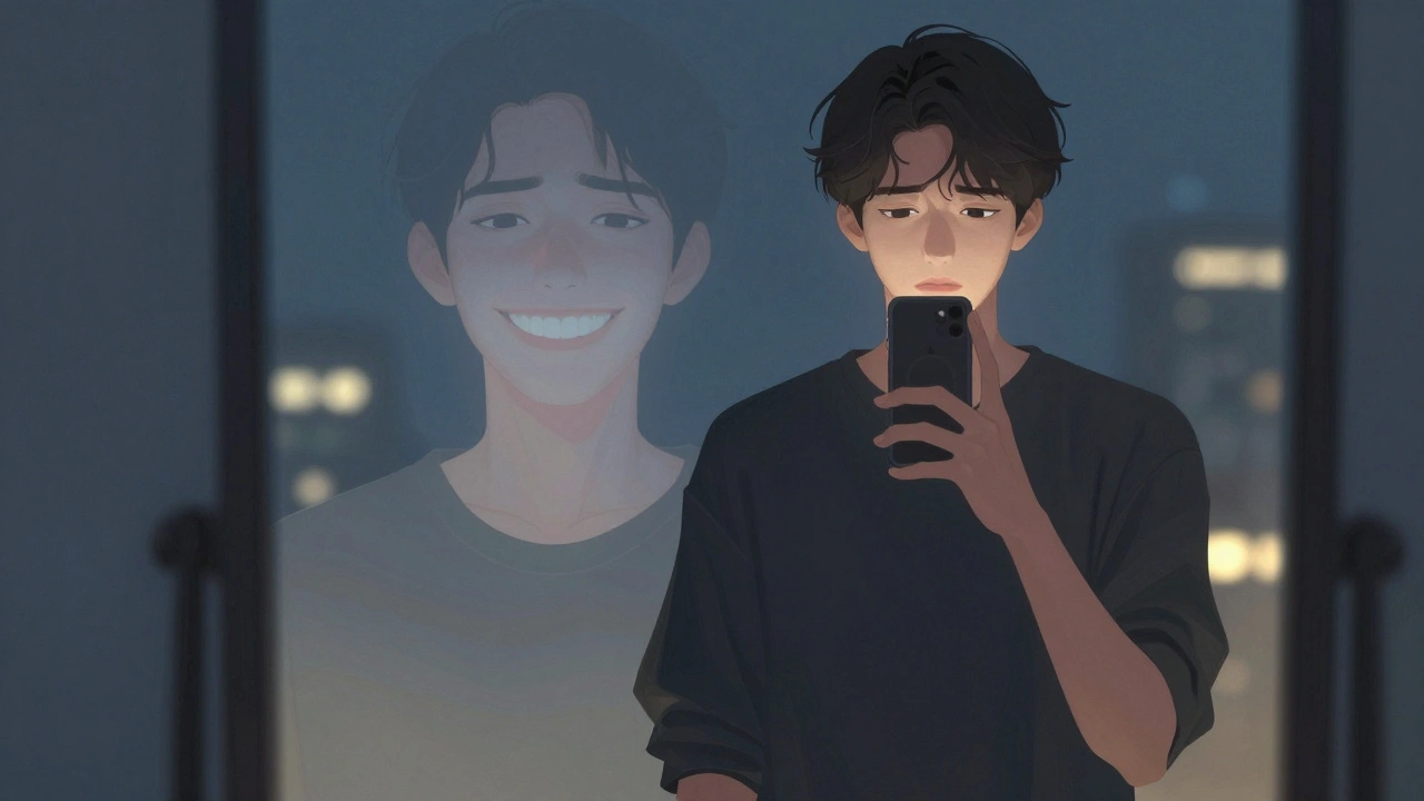 Člověk se chystá na selfie, ale zavírá ústa, zatímco jeho ideální úsměv se objevuje jako průhledný odraz.