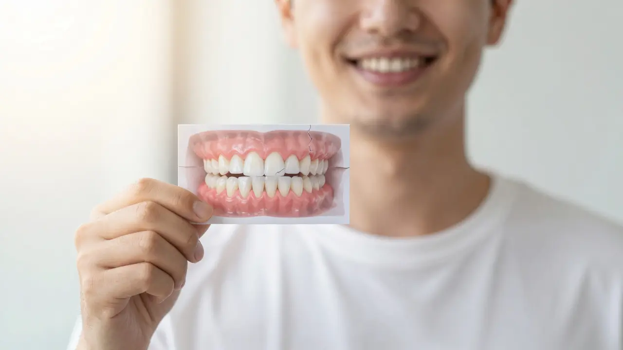 Člověk se usmívá s návštěvním lístkem u zubaře, za ním viditelný kontrast zdravých a poškozených zubů.