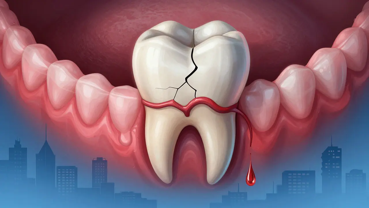 Detailní ilustrace zubu s trhlinou a zánětem dásní, krev a citlivost zobrazeny vizuálně.