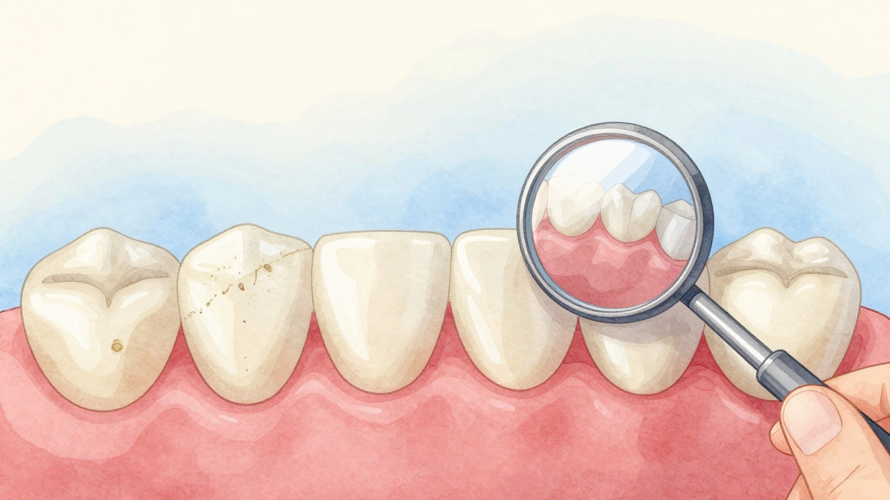 Detailní pohled na zubní kámen pod dásní pomocí dentálního zrcátka.