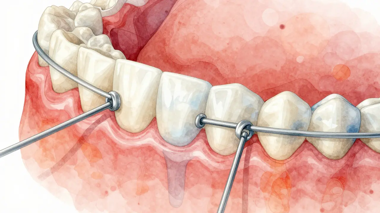 Detailní zobrazení drátů a pružinek působících na zuby s přechodem kostní tkáně.