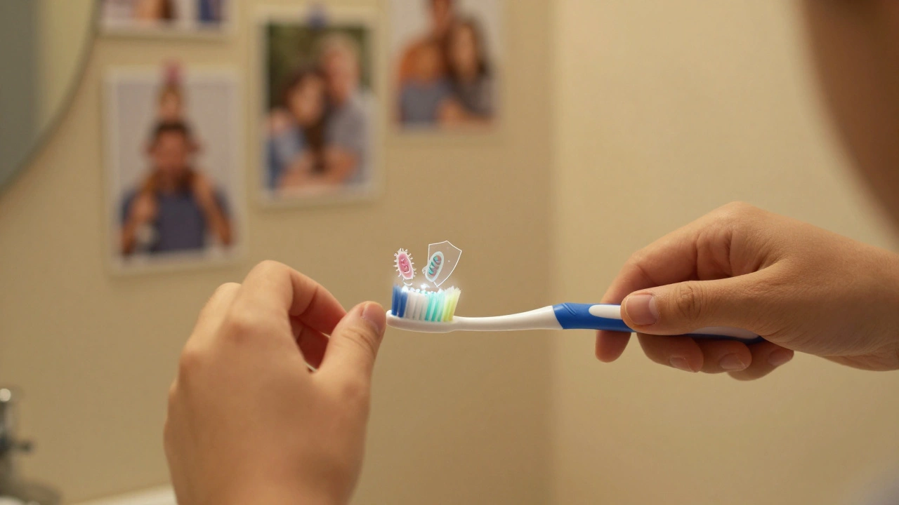 Dítě a dospělý společně čistí zuby, s průhlednými ochrannými štíty kolem zubů.