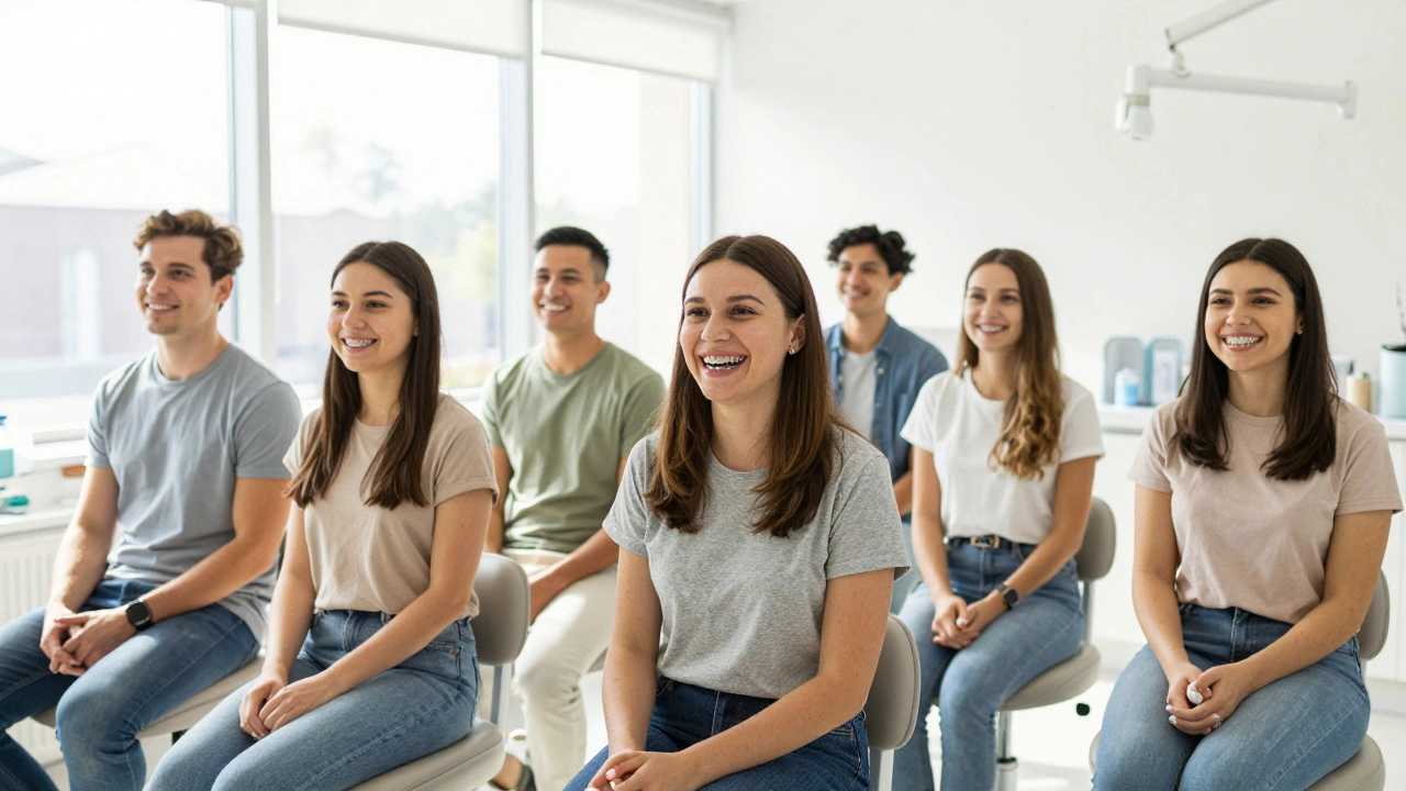 Dospělí pacienti v ortodontické praxi se smějí se zubními nápravami.