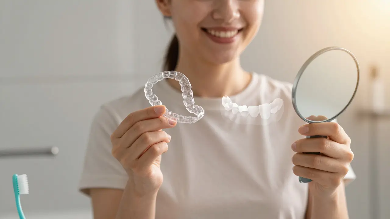 Dospělý drží retentor a dívá se do zrcadla, za ním se postupně mění jeho úsměv.