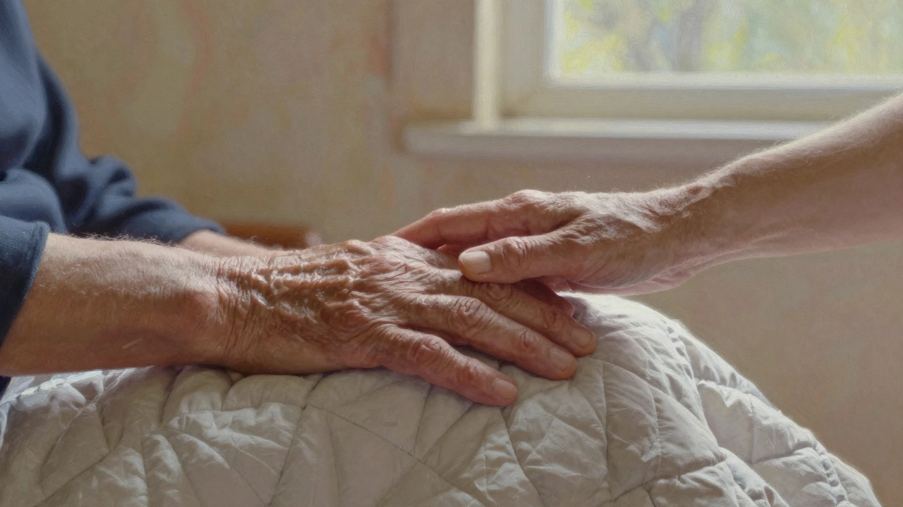 Dvě ruce – starší a mladší – spojené na pokrývce, sluneční světlo osvětluje prach ve vzduchu.