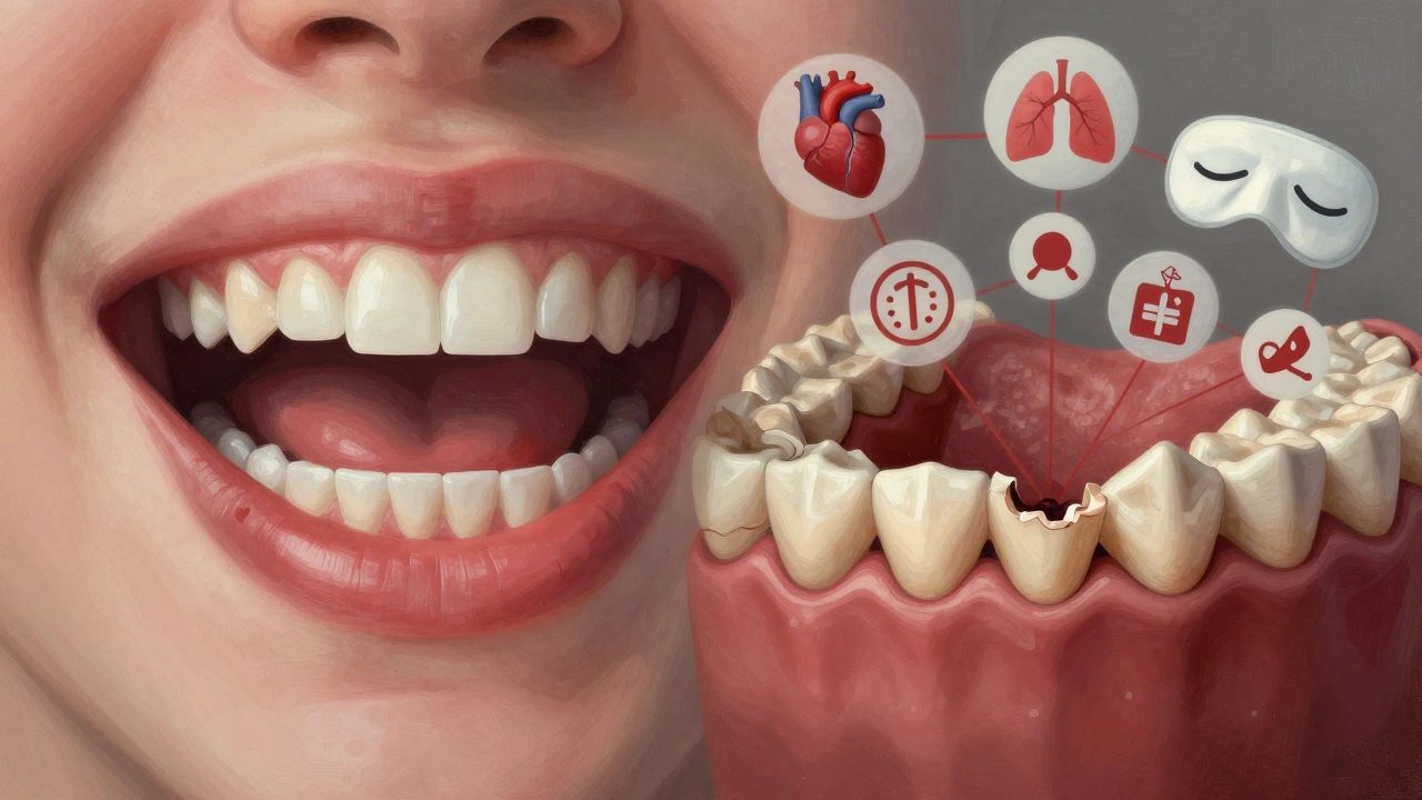 Dvě strany ústní dutiny: zdravá na jedné, rozpadající se na druhé, spojené s ikonami zdravotních rizik.