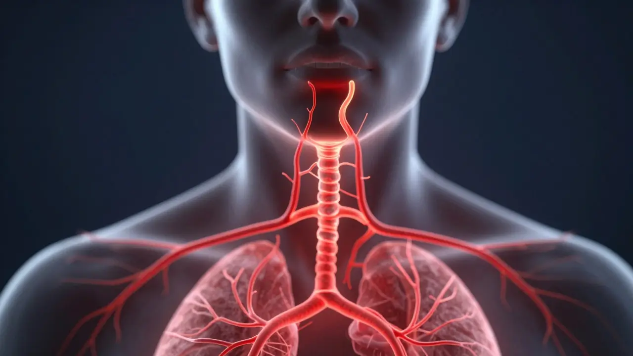 Glowing red infekční síť šířící se z otevřeného zubu do krku a plic.