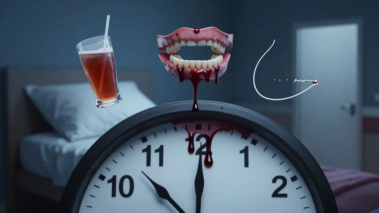 Hodiny ukazující 3:00, s nástroji příčin bolesti zubů, jako symbolický výzvěst.