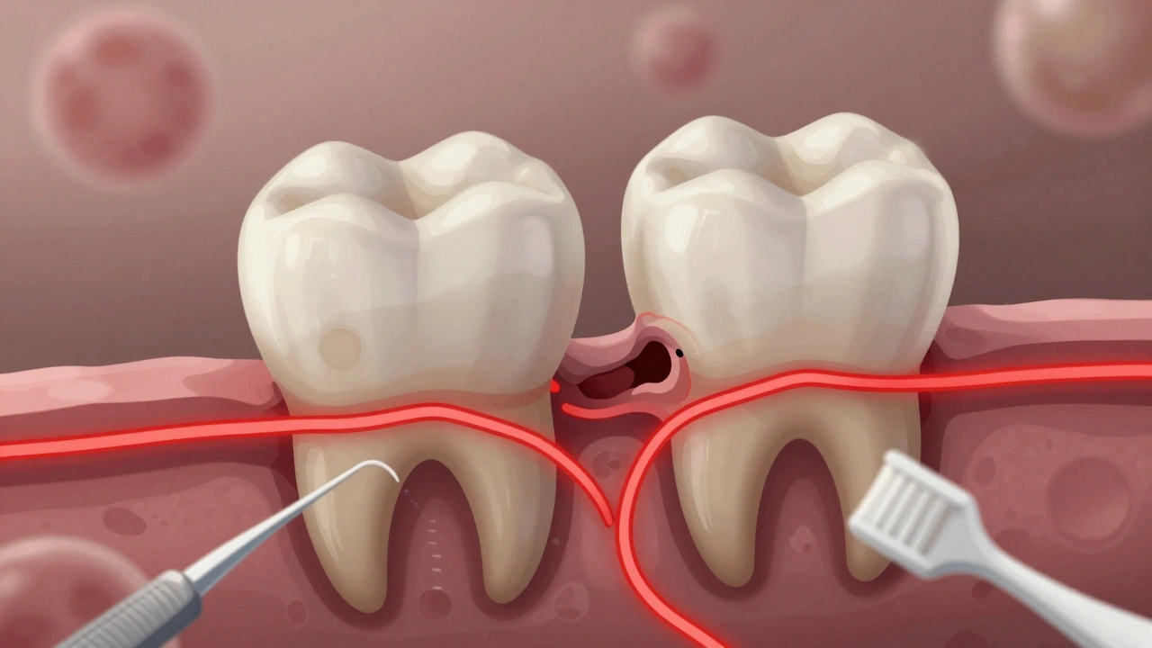 Mikroskopický pohled na bakterie a korozi skloviny mezi zuby.