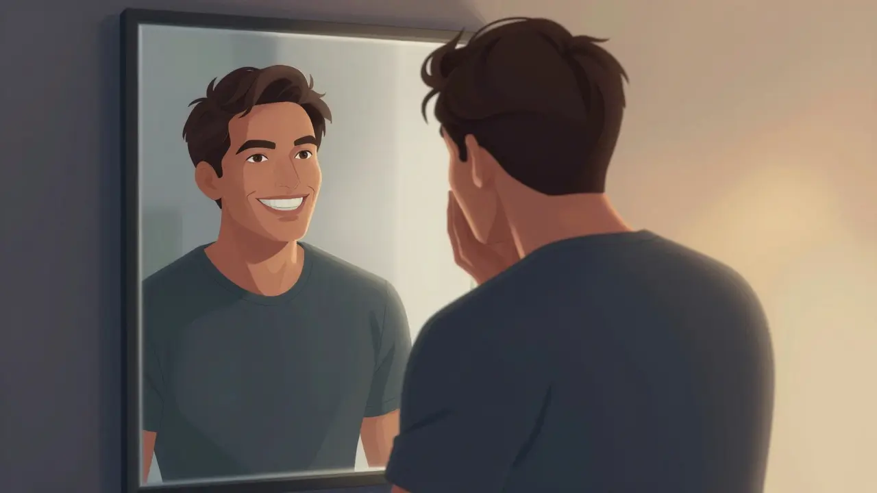 Muž se dívá do zrcadla, jeho nový úsměv se vynořuje z stínu starého strachu.