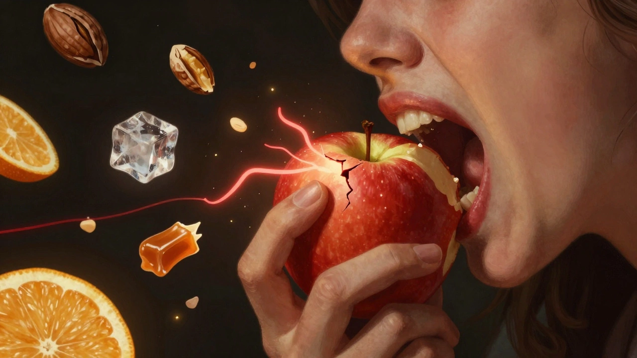Osoba kousá jablko, zubem prochází červená zářící čára.