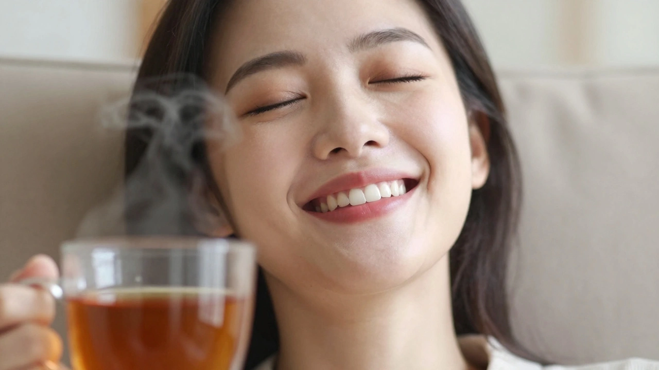 Osoba se uvolněně usmívá, cítí pohodlí a nezávislost na bolesti.