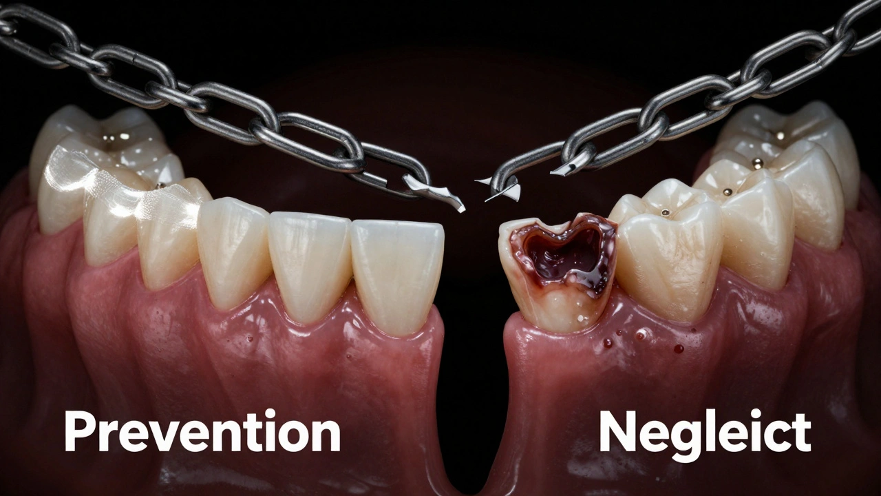 Porovnání zdravého a poškozeného zubního oblouku s důrazem na prevenci.
