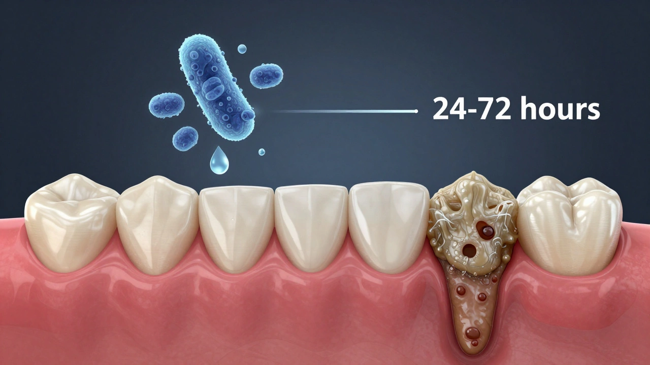 Porovnání zdravého zubu a zubu s zubním kamenem s časovým přechodem