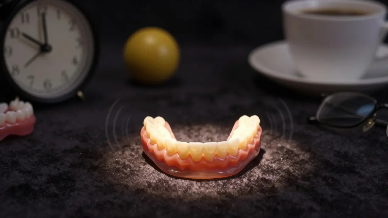 Přizpůsobený zubní štít na černém hedvábí, osvětlený teplým světlem, kolem něj symboly stresu a spánku.