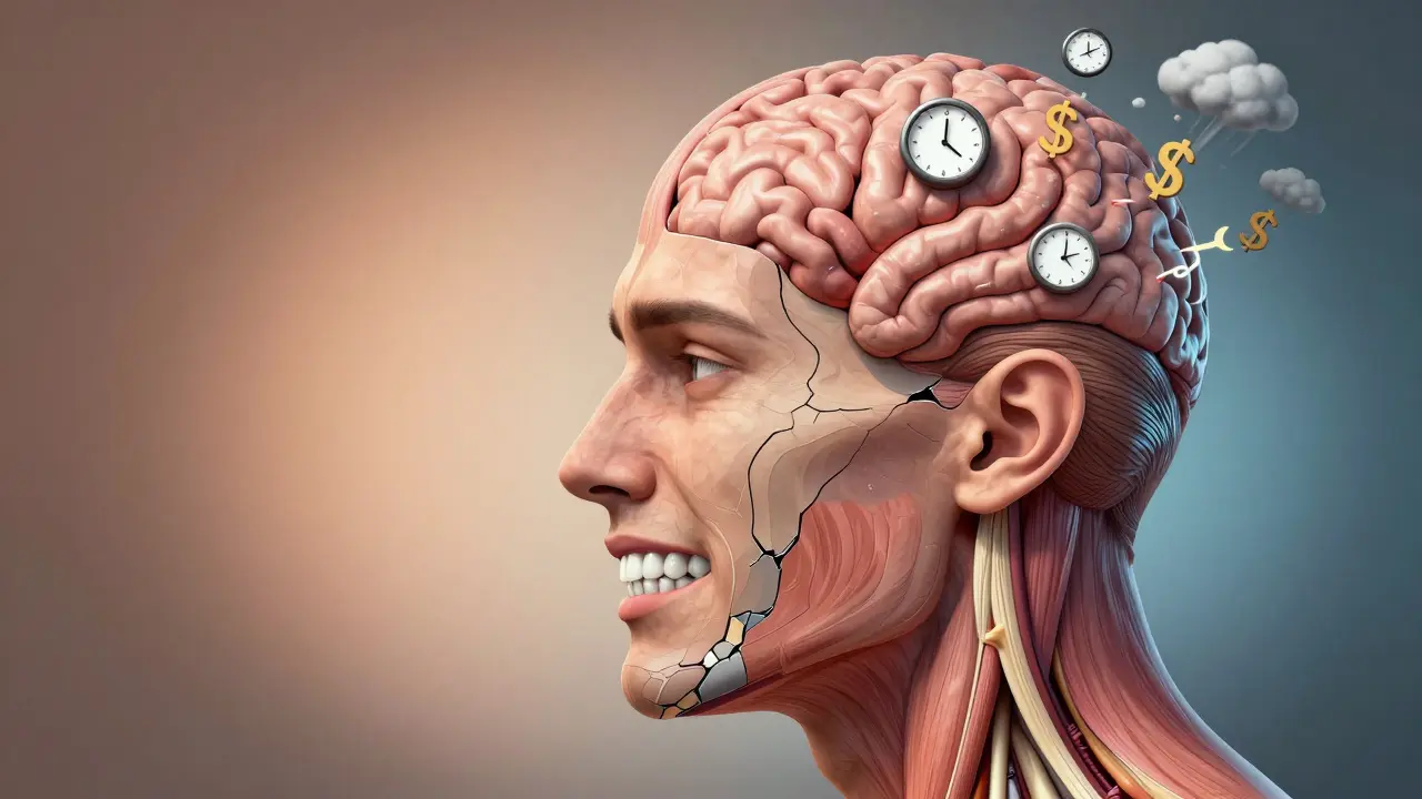 Profily čelisti: jedna strana zdravá, druhá poškozená třením zubů s symboly stresu.
