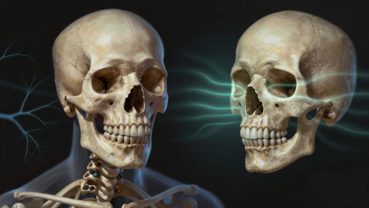 Průhledný lebka s nesprávně rozmístěnými zuby, které působí napětí na čelist, a vedle ní harmonická verze.