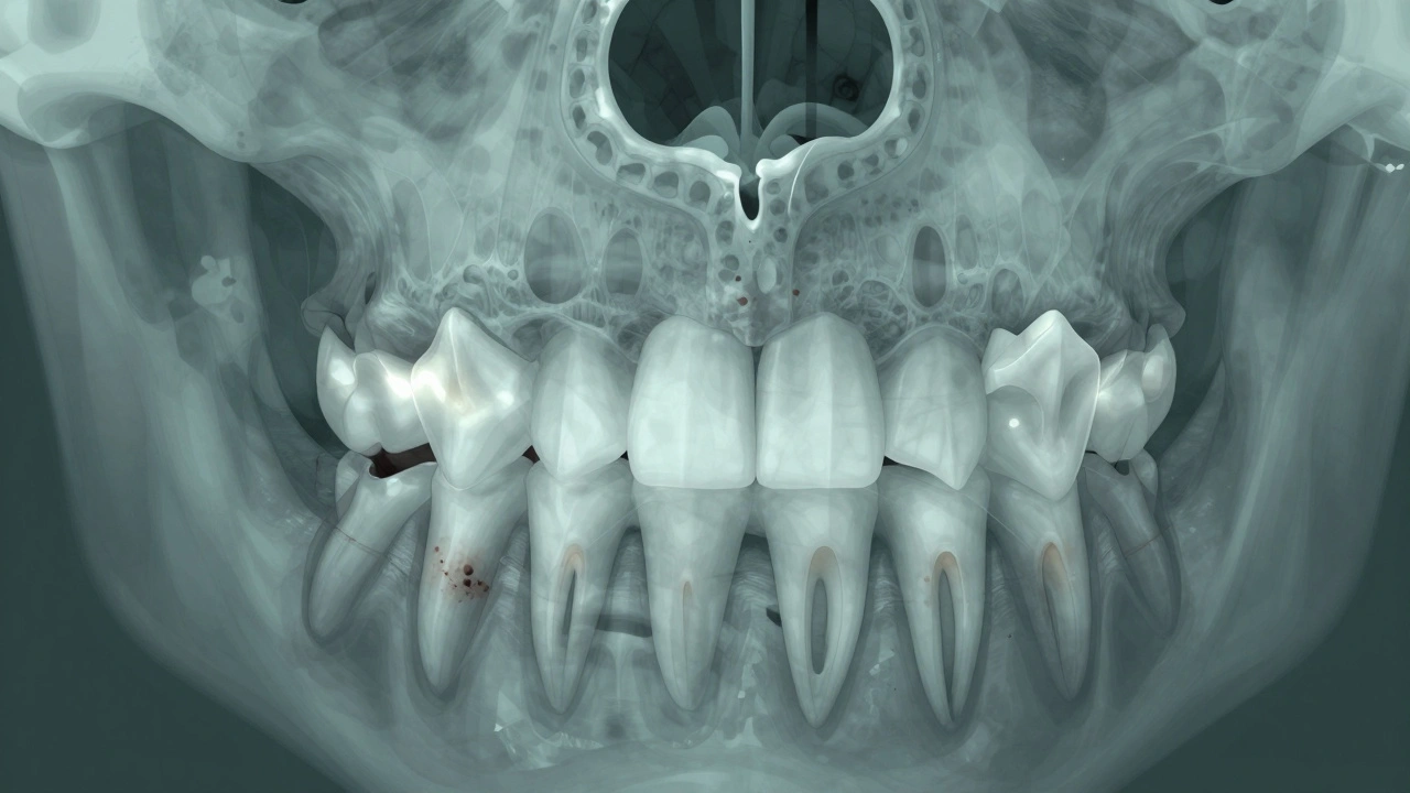Průřez čelistí s ukrytými kazy, kořeny zubů a nevyrůstajícími zuby.