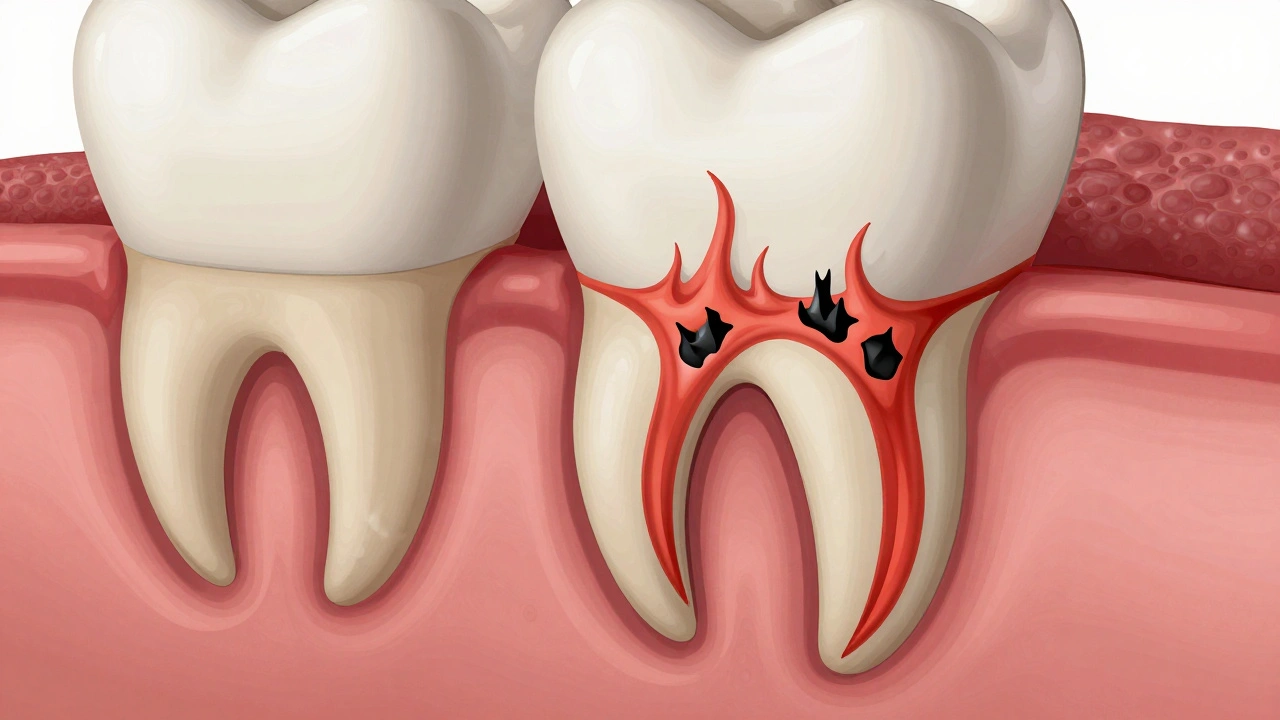 Průřez zubu a dásně ukazující skrytý zubní kámen a ničení kostní tkáně.