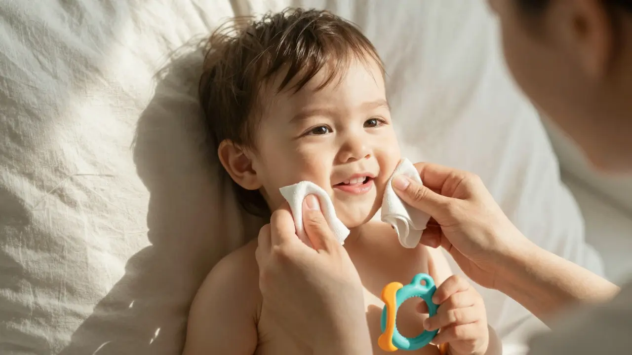 Rodič hladí dásně dítěte vlhkým hadříkem s chladným zubním kroužkem