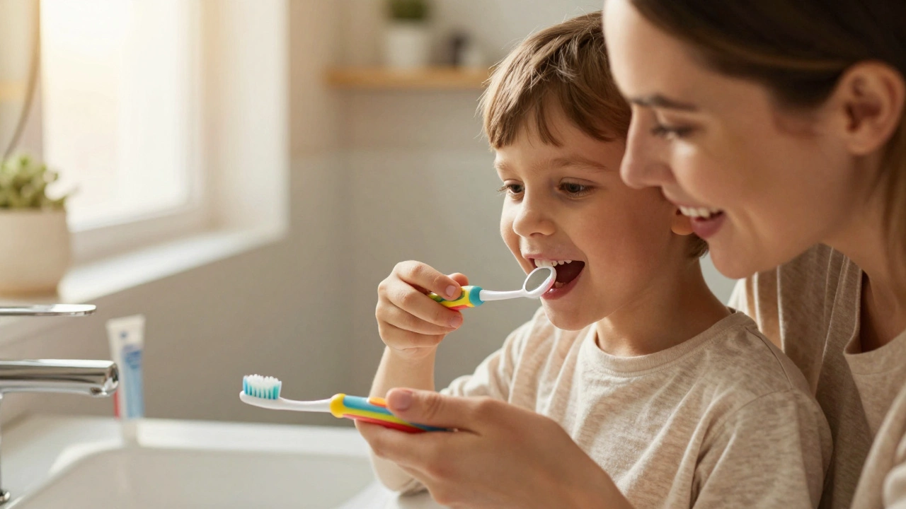 Rodič pomáhá dítěti používat dětské dentální zrcátko s barevným držadlem.