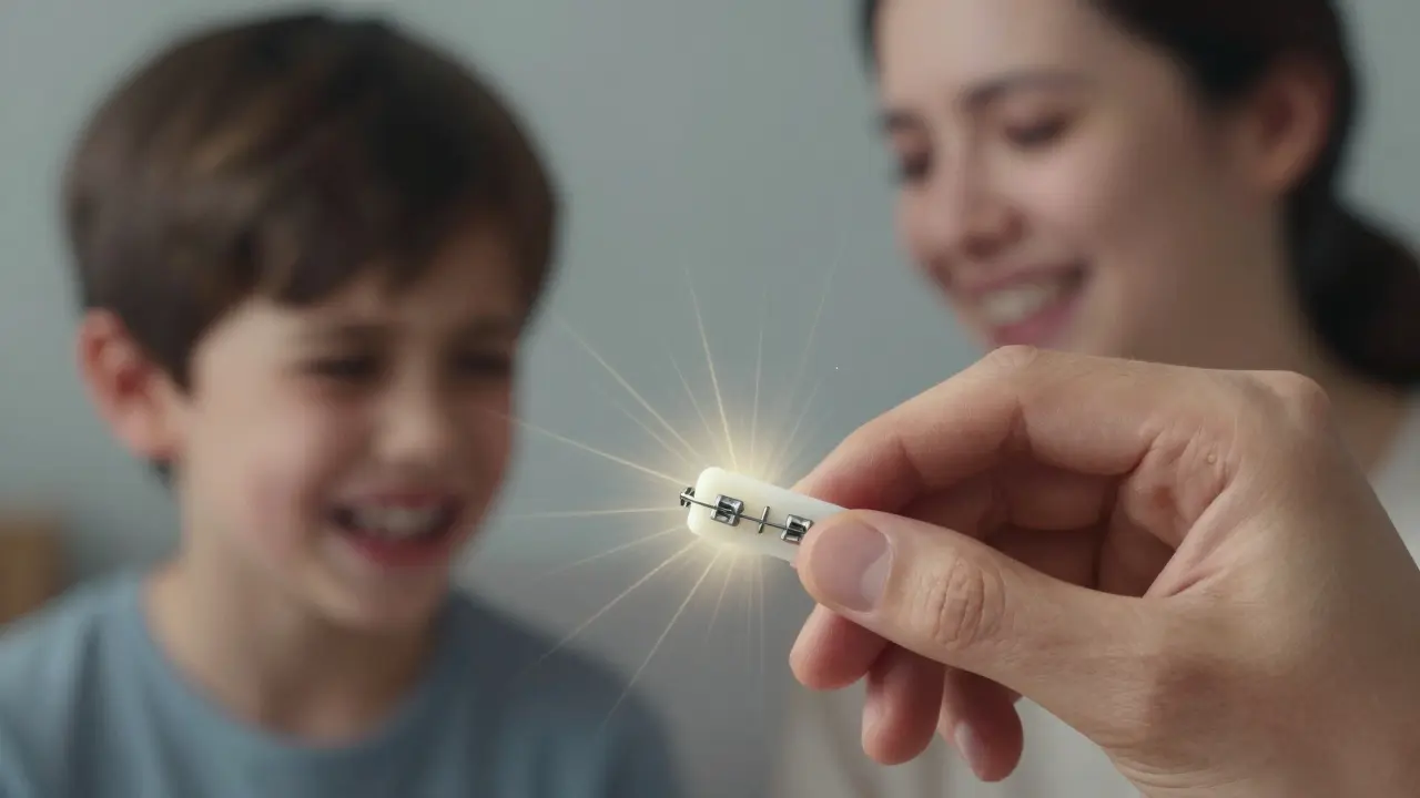 Ruka aplikuje ortodontický vosk na drátky a gumičky rovnátek.