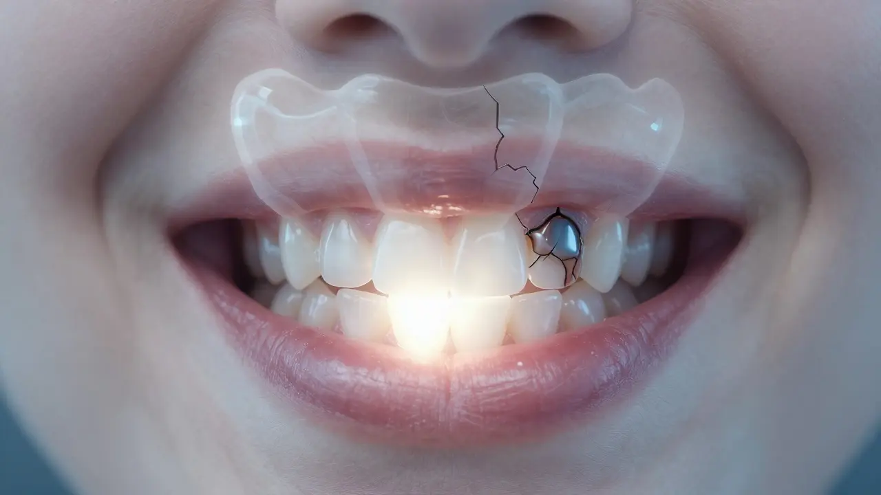 Smiling lips with a glowing white filling, overlaid with a hidden replaced amalgam filling.
