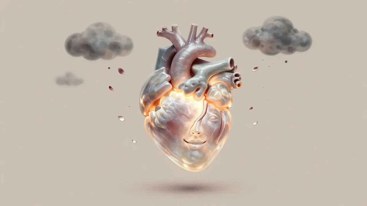 Srdce z keramických fazet svítí nad smíjící se tváří, symbolizující vnitřní přeměnu.