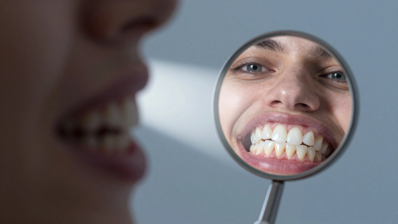 Srovnání opomenuté a pečlivé ústní hygieny přes dentální zrcátko.