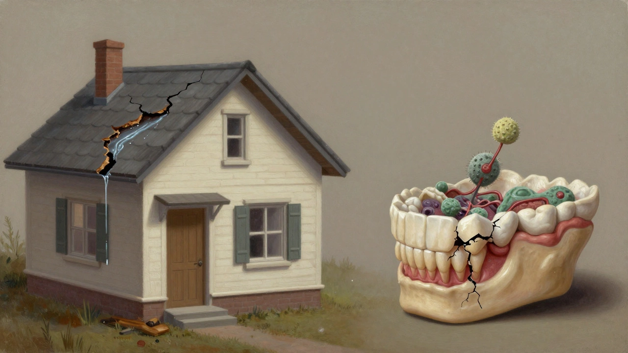 Srovnání praskliny v zubu a v domě s rozšiřující se škodou.