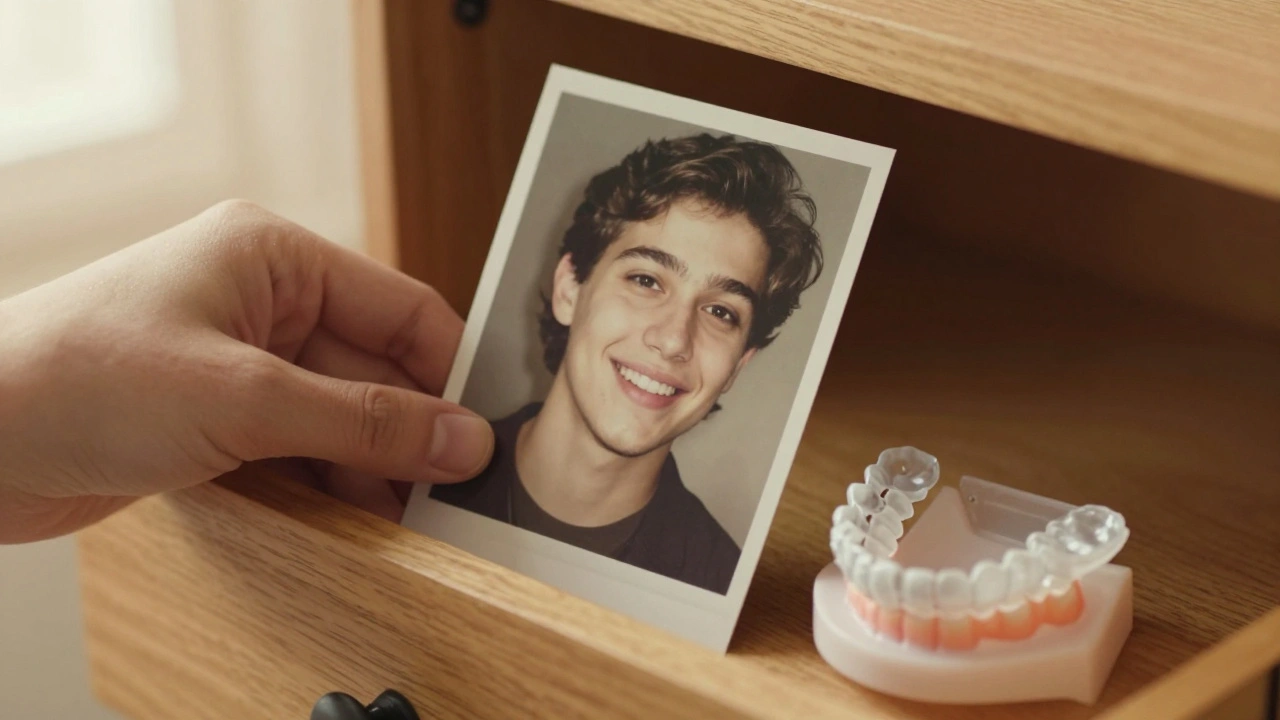 Stará fotografie a moderní ortodontická náprava na poličce.