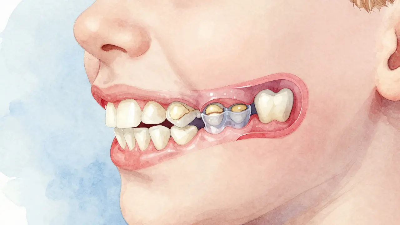Struktura dětské čelisti s ukrytými mléčnými zuby pod dásněmi