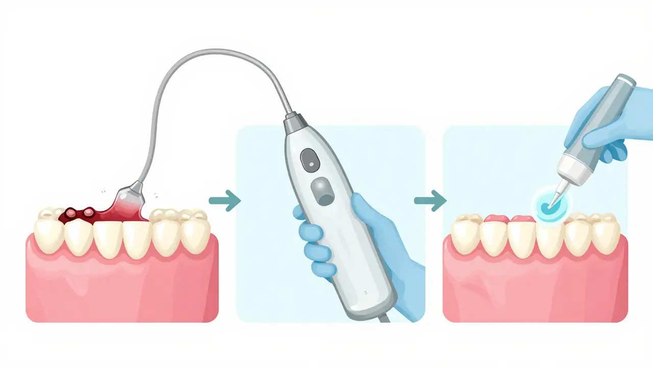 Tři kroky dentální hygieny: zubní kámen, čištění a polírování, znázorněné v jednoduchém vizuálním pořadí.