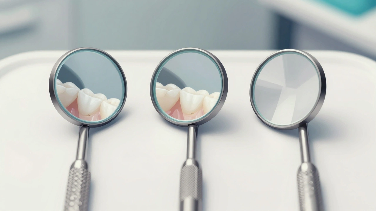 Tři typy dentálních zrcátek: rovinné, konkávní a protizakalené, položené na sterilní ploše.