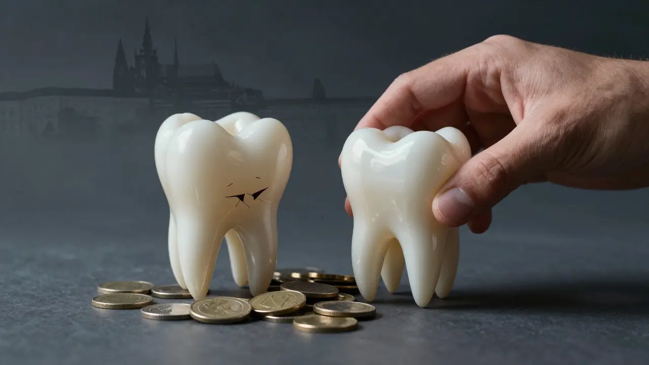 Zdravý zub vedle hromady poškozených zubů a mincí, symbolizující úsporu nákladů díky prevenci.