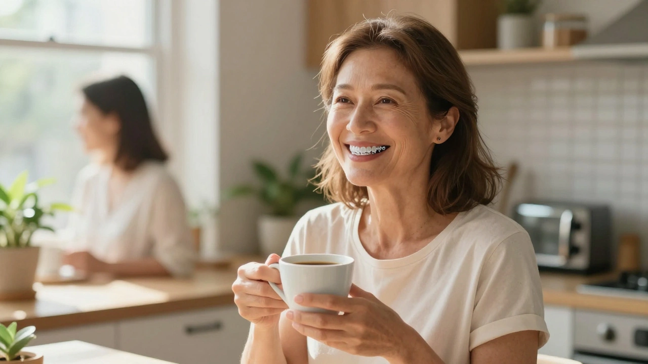 Žena se směje v kuchyni s přirozeným výrazem, nosí skeletovou zubní náhradu.