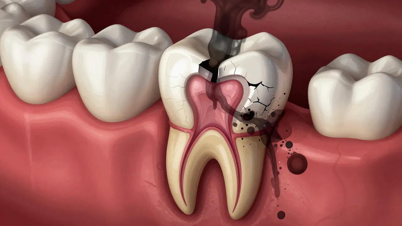 Zub s vystaveným nervem a šířící se bakteriální vrstvou, symbolizující infekci.