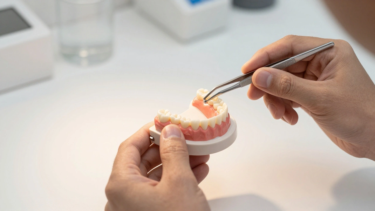 Zubař upravuje kovové klíče skeletové náhrady v klinice.