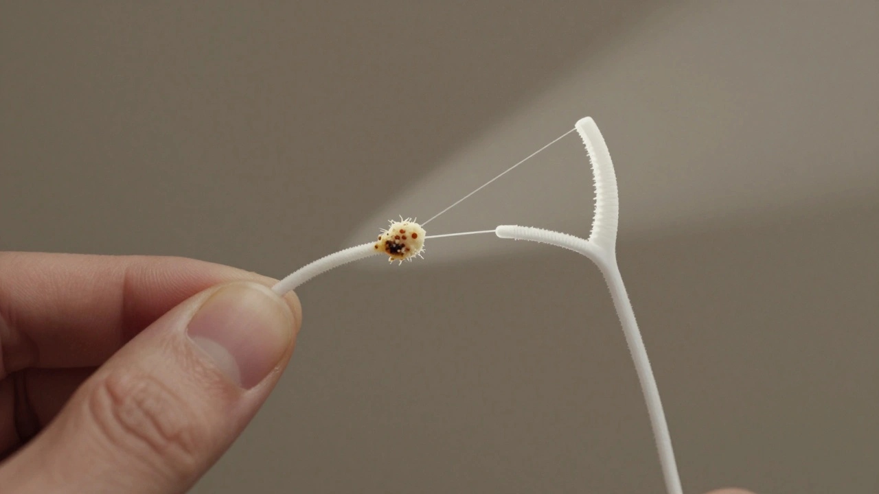 Zubní nit s viditelným zubním plakem a čistá nit vedle ní.